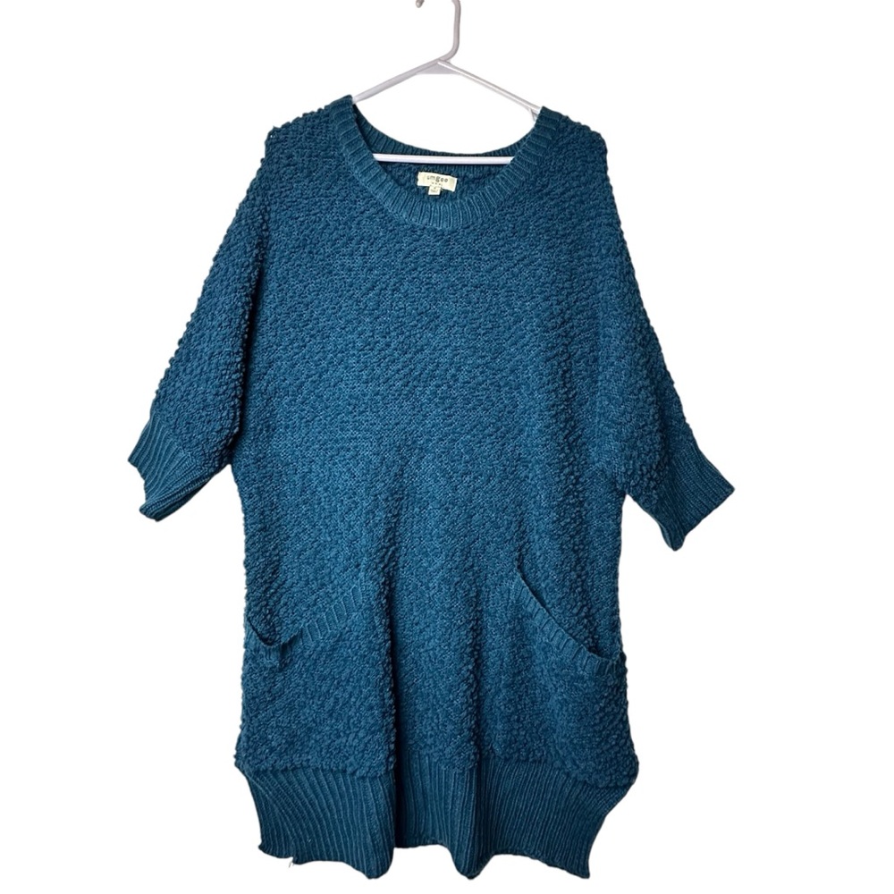 Umgee Blue Short Sleeve Chunky‎ Oversize Sweater Tunic Popcorn Womens Medium M
